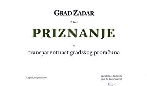 Grad Zadar dobio priznanje za transparentnost gradskog proračuna