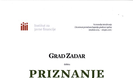 Grad Zadar dobio priznanje za transparentnost gradskog proračuna