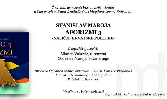 Prikaz knjige I Stanislav Maroja „Aforizmi 3, naličje hrvatske politike“