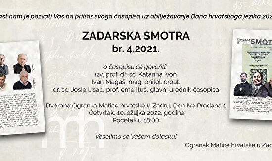 Prikaz časopisa Zadarska smotra I Ogranak Matice hrvatske u Zadru